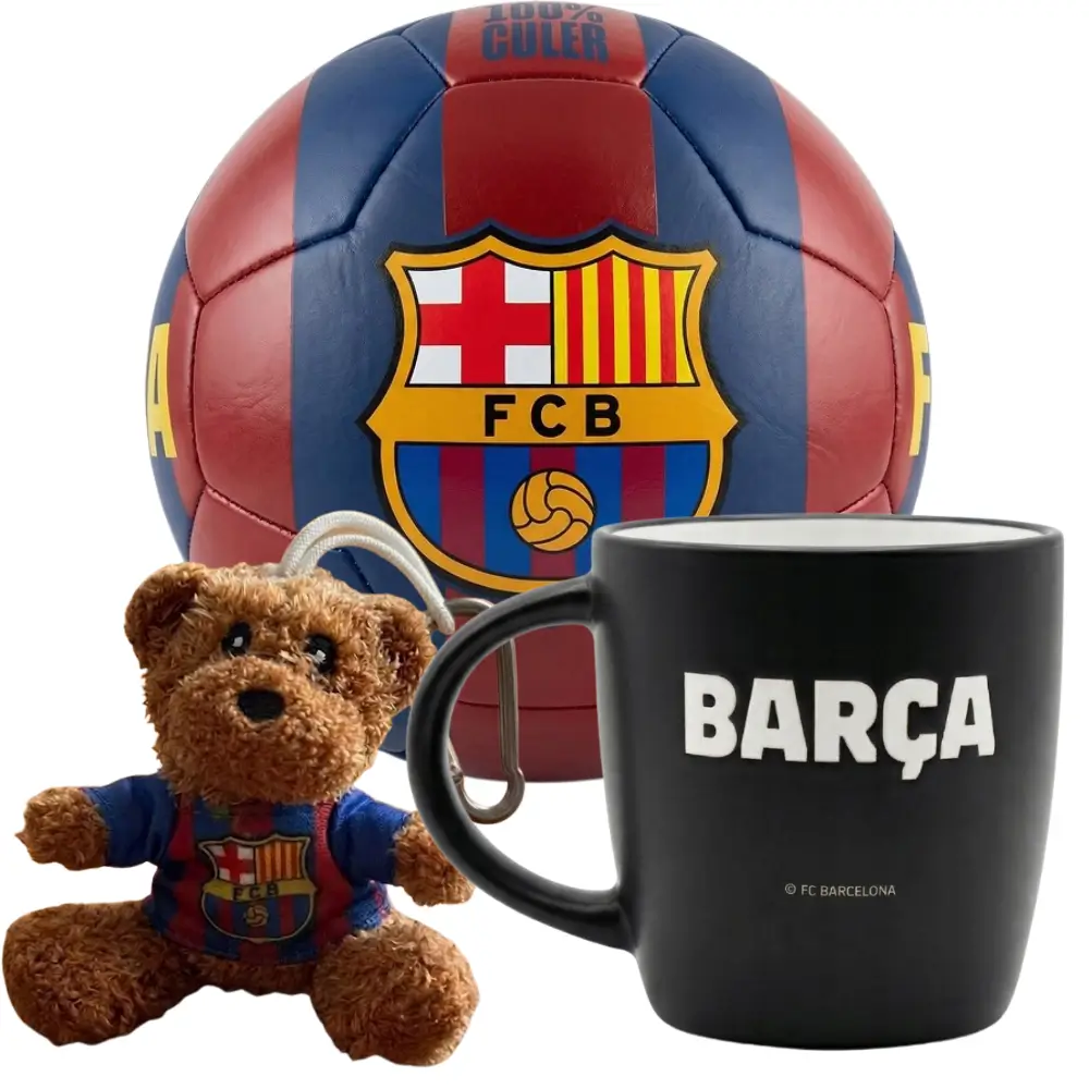 Zestaw gadżetów dla kibica FC Barcelony - czarny kubek z herbem, piłka oraz maskotka w klubowych barwach