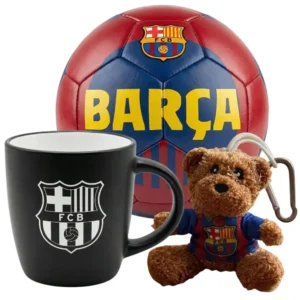 Zestaw prezentowy FC Barcelona: czarny kubek z herbem, mini piłka oraz maskotka brelok w klubowej koszulce
