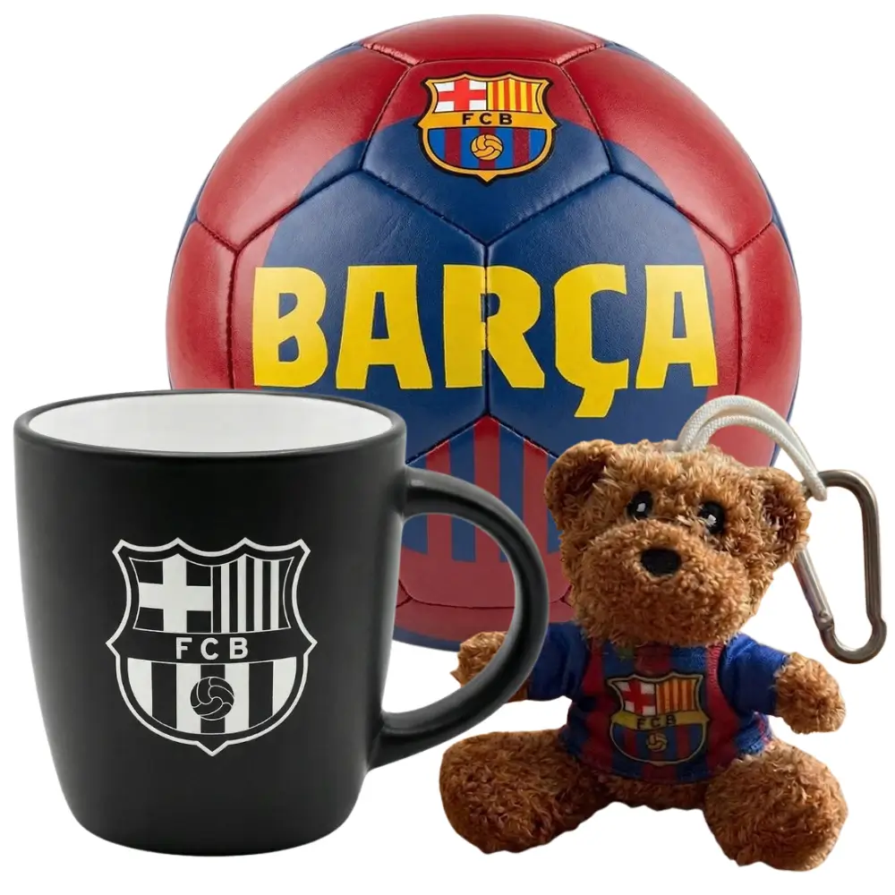 Zestaw prezentowy FC Barcelona: czarny kubek z herbem, mini piłka oraz maskotka brelok w klubowej koszulce