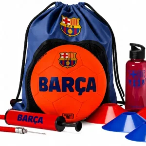 Piłkarski zestaw treningowy FC Barcelona zawierający piłkę, worek, pompkę, bidon oraz pachołki